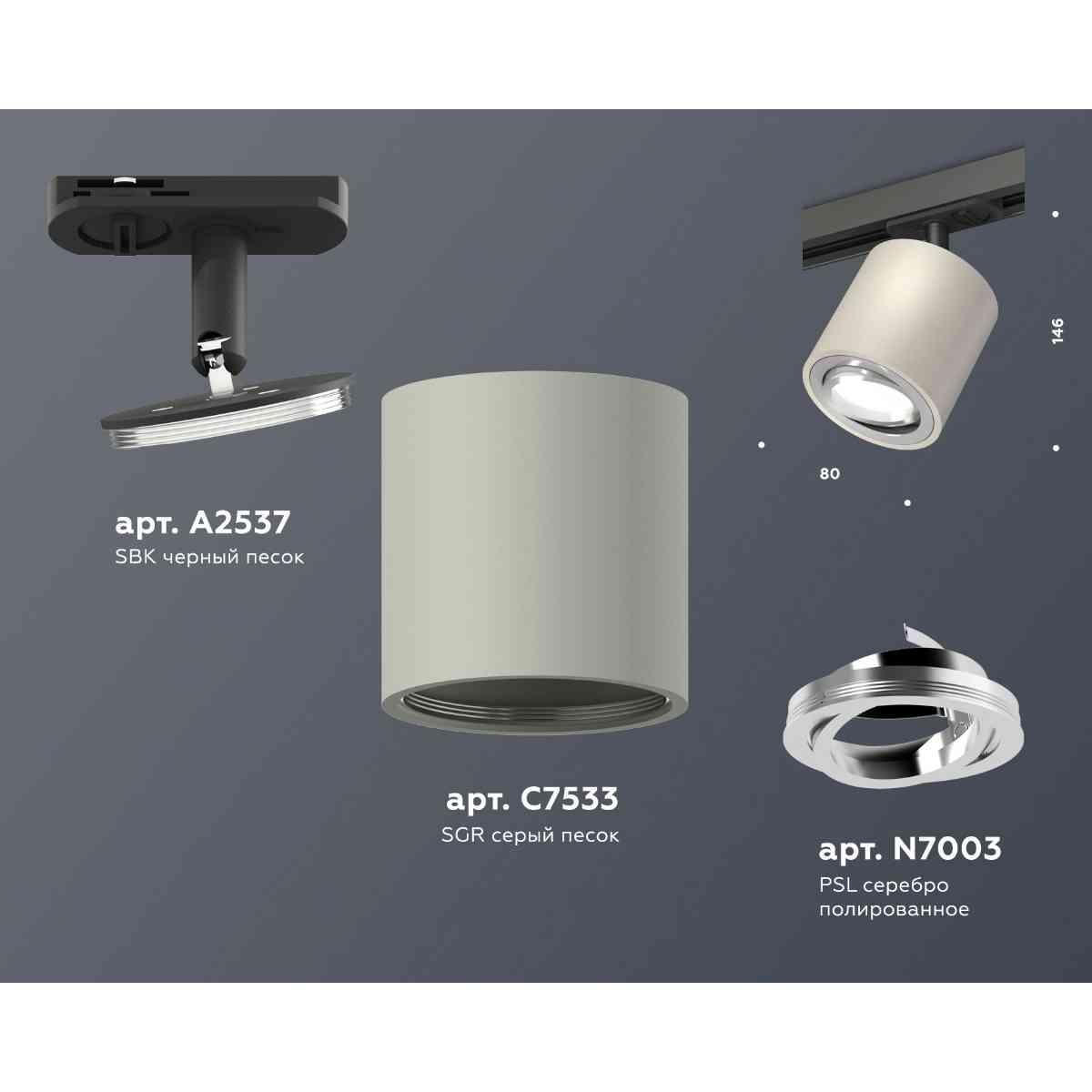 фото комплект трекового светильника ambrella light xt7533020 sgr/psl/sbk серый песок/серебро полированное/черный песок (a2537, c7533, n7003) | 220svet.ru