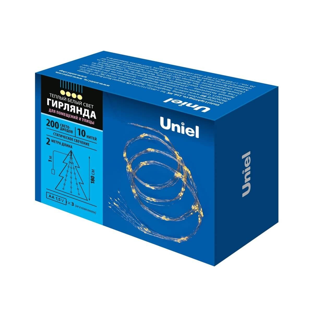 фото светодиодная гирлянда uniel uld-e0200-200/stb/3aa warm white ip44 ul-00008667 | 220svet.ru