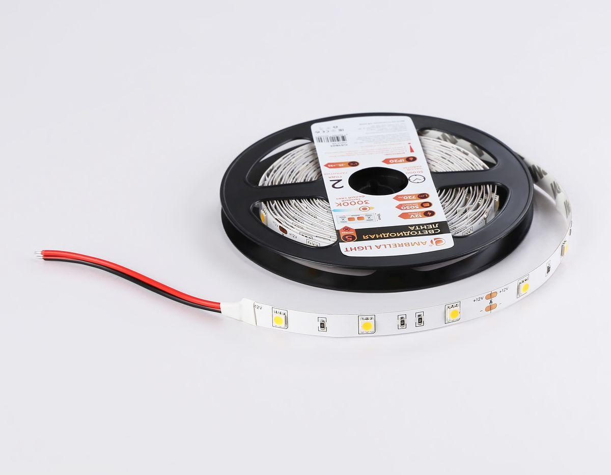фото светодиодная лента теплый белый ambrella light 7,2w/m 30led/m 5050smd 3000к 5m gs1801 | 220svet.ru