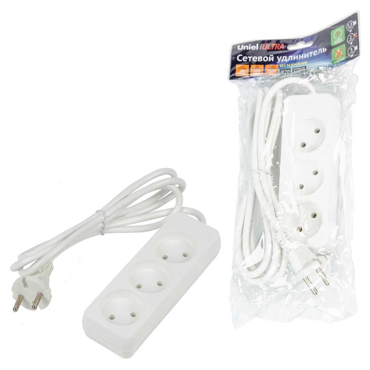 фото удлинитель uniel ultra 3гн х 2м б/з s-cu3-2 white ul-00009981 | 220svet.ru