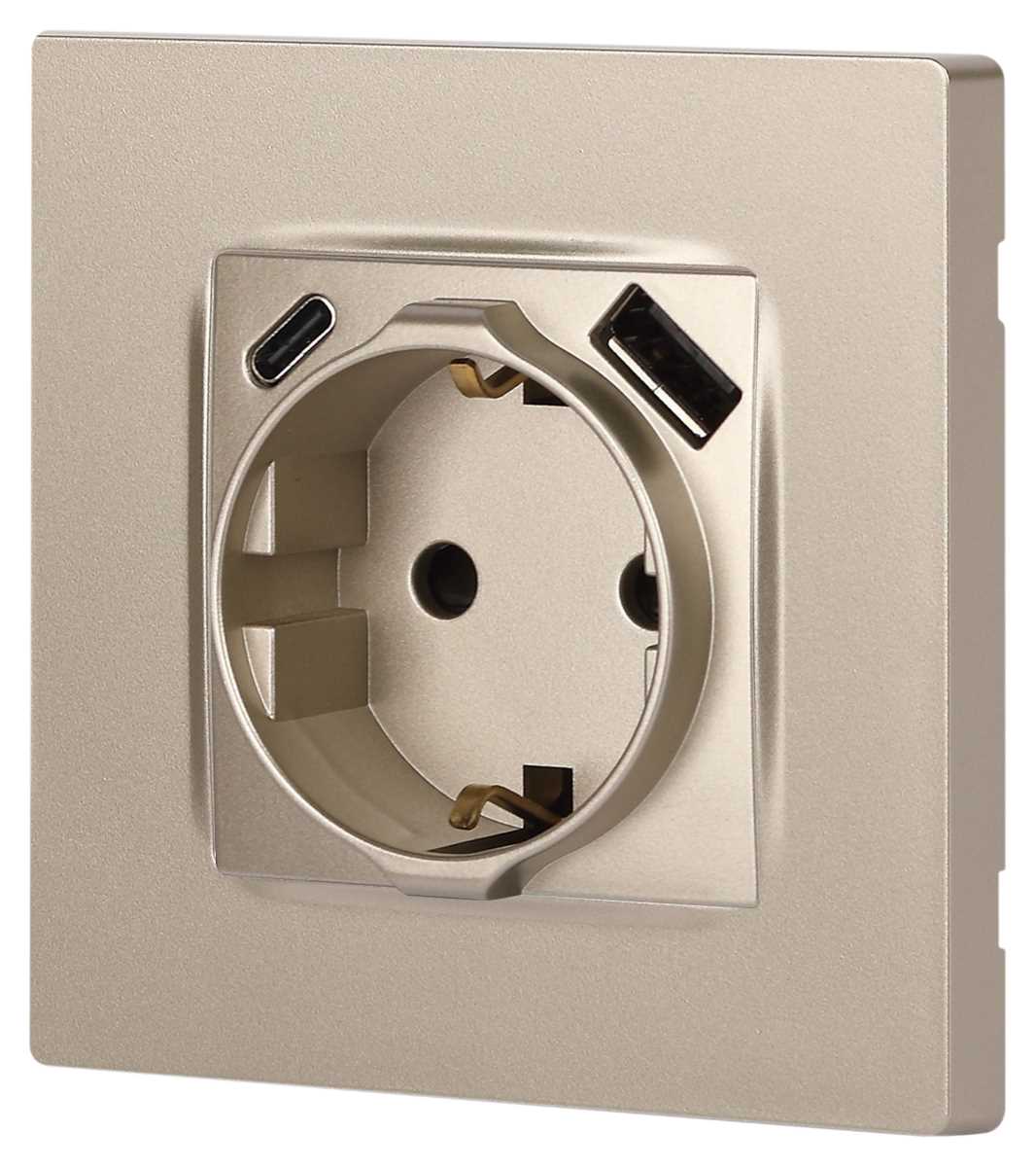 фото розетка эра серия 12 12-4108-04 2p+e 16a-250в со шторками с usb type-a+c 5в-3а шампань б0067727 | 220svet.ru