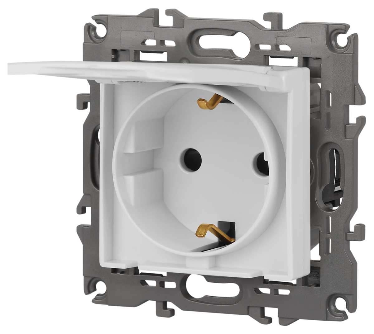 фото розетка эра elegance 14-2103-01м с заземлением 2p+e schuko со шторками с крышкой 16а-250в белый матовый б0065808 | 220svet.ru