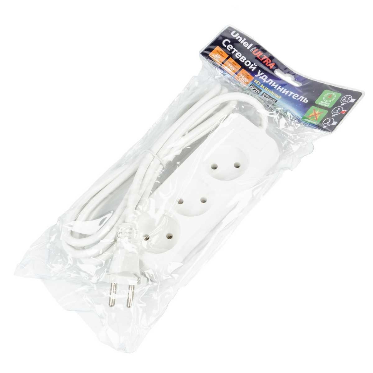фото удлинитель uniel ultra 3гн х 2м б/з s-cu3-2 white ul-00009981 | 220svet.ru