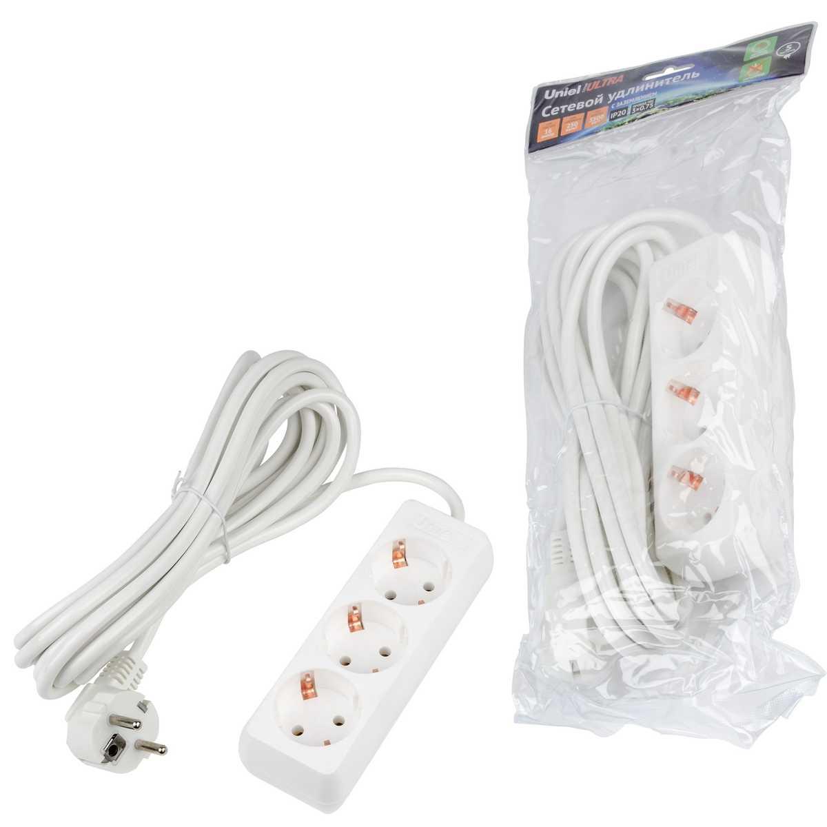фото удлинитель uniel ultra 3гн х 5м с/з s-gcu3-5 white ul-00010002 | 220svet.ru