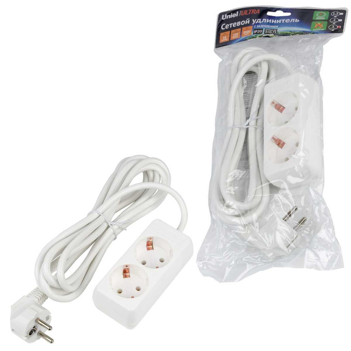 фото удлинитель uniel ultra 2гн х 3м с/з s-gcu2-3 white ul-00009998 | 220svet.ru